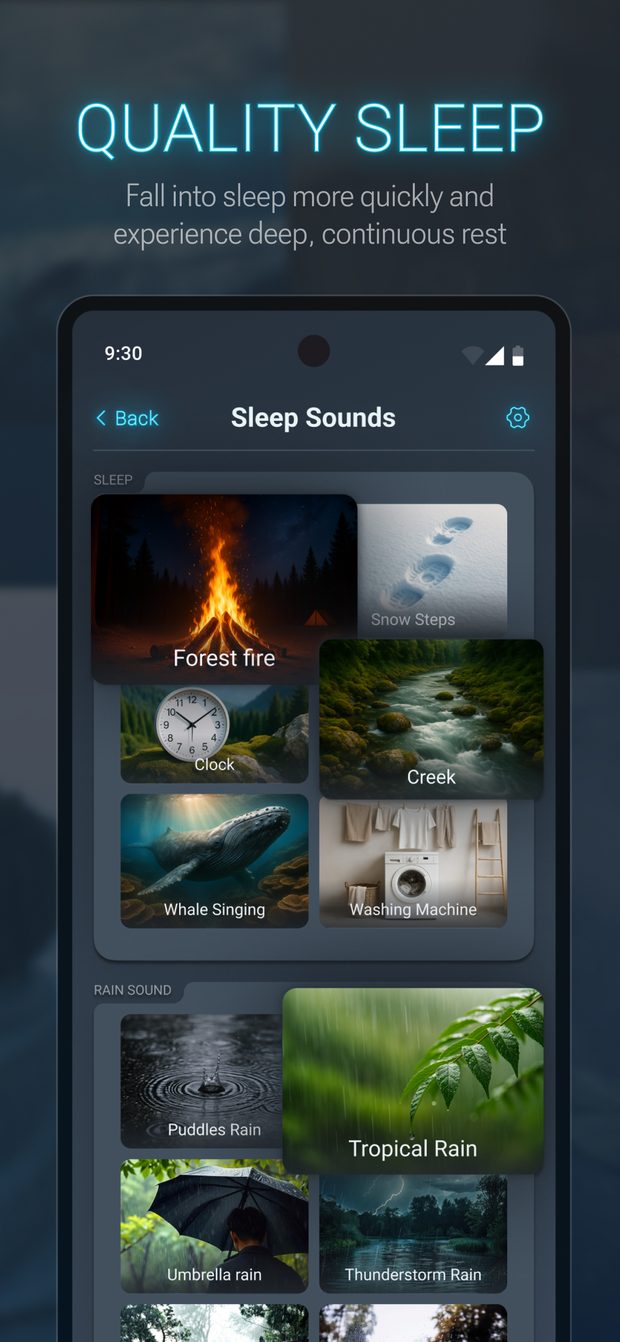 The Lulla library with forest fire, creek, whale song, rain and other soundscapes