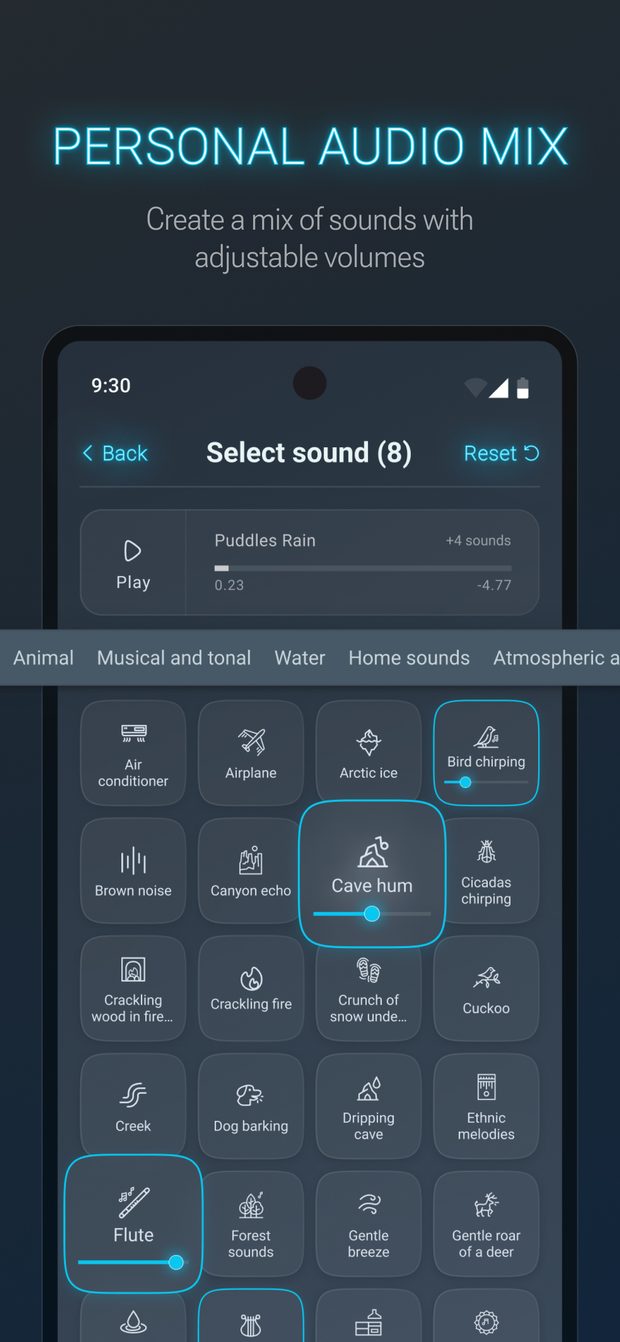 Building a personal mix from the full sound catalogue with adjustable volumes